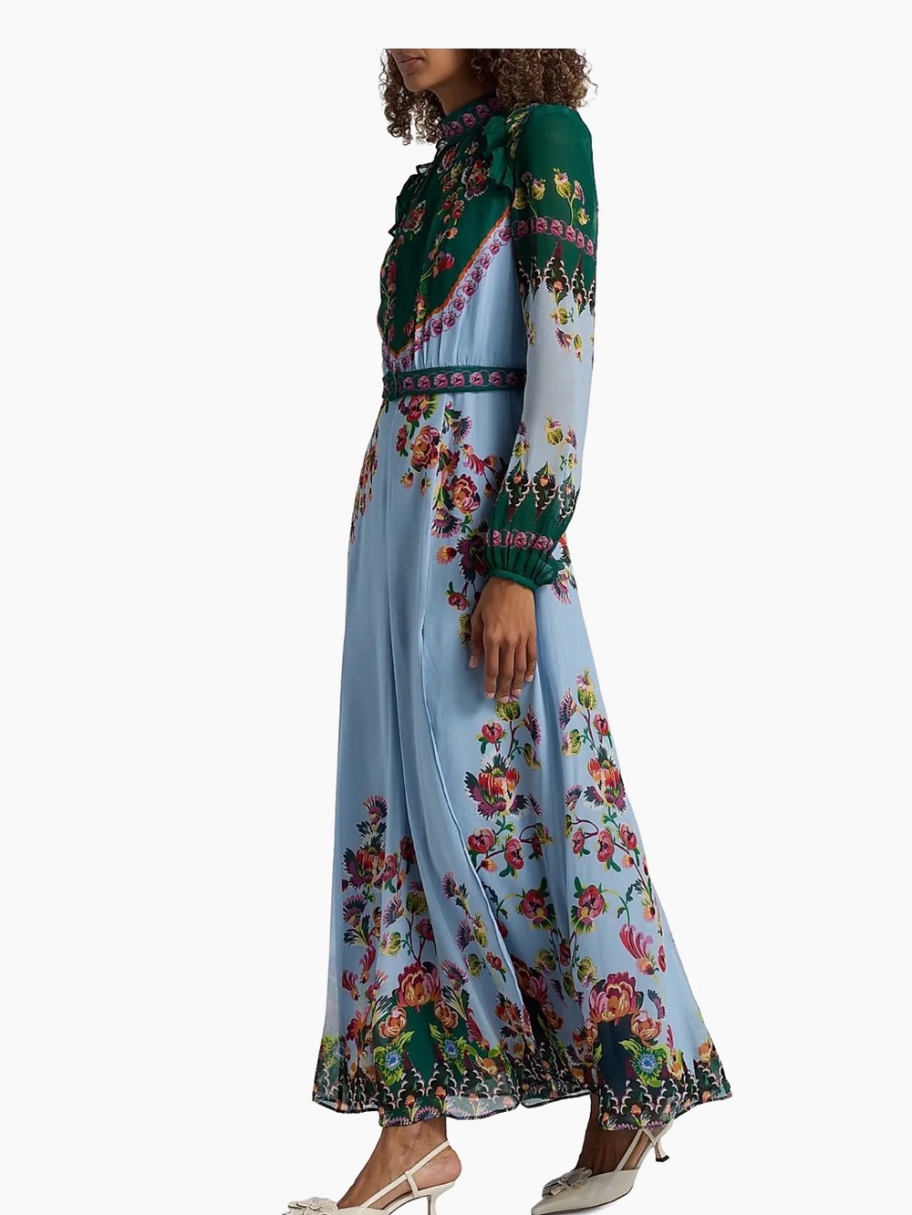 SALONI Two-Tone Floral High-Neck Long Sleeve Maxi Dress in Green and Light Blue - Picture 4 of 6
